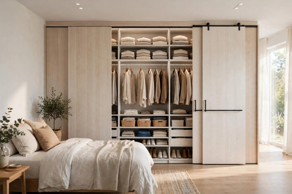 Modern fitted wardrobes with sliding doors and organised interiors in a bright bedroom.