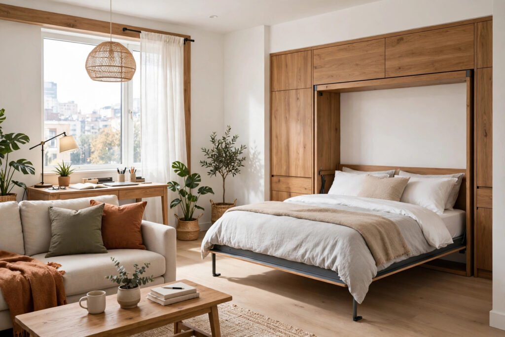 A Murphy bed folded down in a bright studio apartment with a sofa and desk beside it.